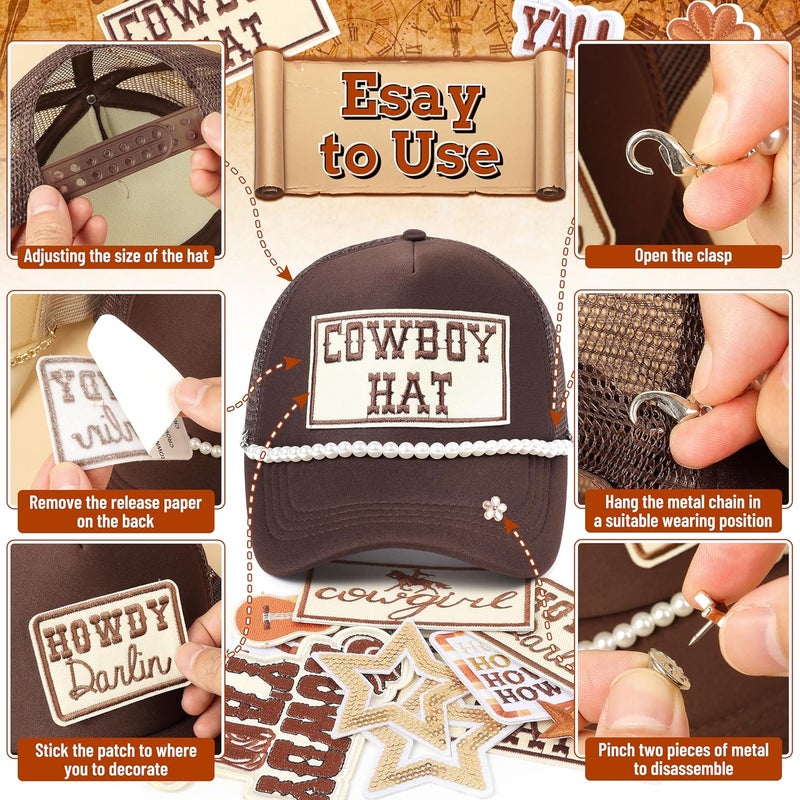 Meneng Western Trucker Hat for Cowboy: Men Women Adjustable Snapback Caps with 8pcs Embroidered Patches and a Chain - Image 4